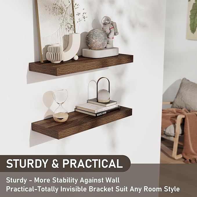 Floating Shelves for Wall, 24 Inch Floating Shelves Set of 2, Wall Mounted Rustic Wood Shelf for Bathroom, Living Room, Bedroom and Kitchen, Hanging Shelf for Storage, Books, Home Decor, Walnut