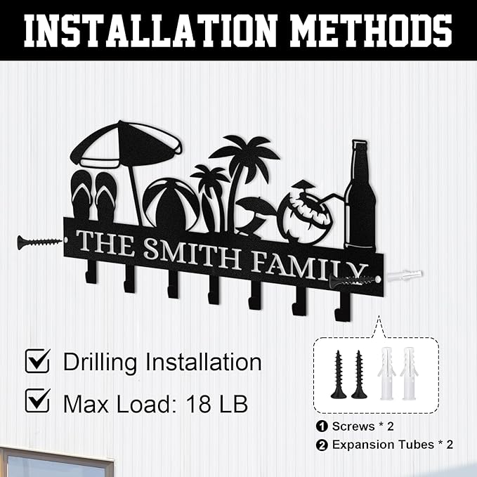 Personalized Key Holder for Wall, Beach Theme Key Holder Wall Mount with Hooks, Coconut Trees Key Hanger Wall Decor for Pool Bathroom Hallway Entryway Office, Customized Home Decor Gifts Color04