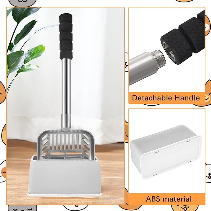 32 Inch Cat Litter Scooper Metal Long Handle with Cat Litter Scoop Holder Deep Kitty Sifter Shovel Detachable Stainless Steel Poop Sifter Scooper Caddy Kitty with Box(Gray)