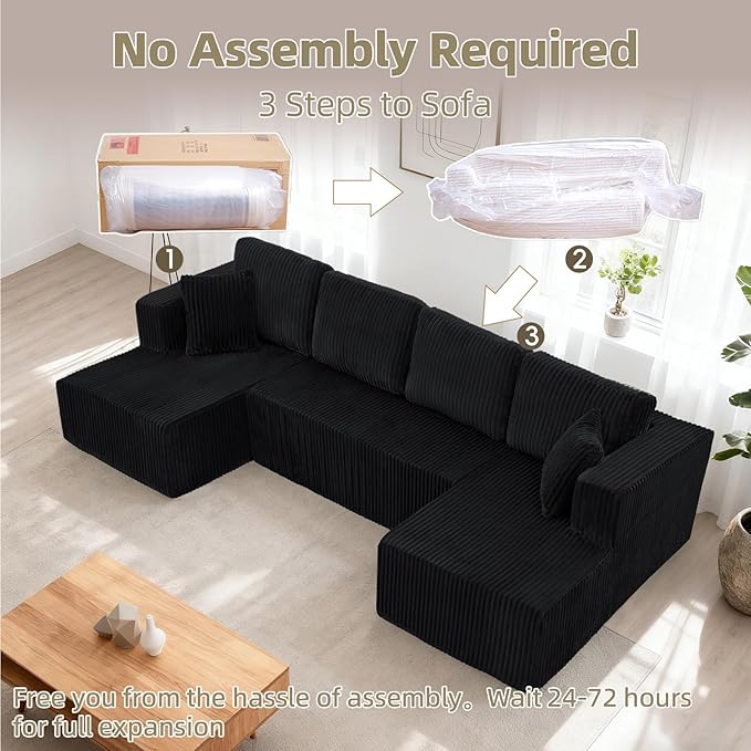 134 Inch Cloud Sectional Couch for Living Room,Corduroy Boneless Couches with L-Shape Chaise,Modern Modular Sectional Sofa with Deep Seat,No Assembly Required (Black, U-Shaped Sofa)