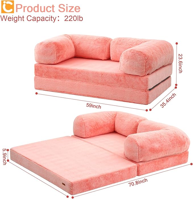 COMAX 4-in-1 Futon Sofa Bed, Queen Size Foldable Couch with L-Shaped Armrests, Convertible Sleeper Chair Bed, Comfortable Lounge Mattress for Living Room and Bedroom, Snow Orange