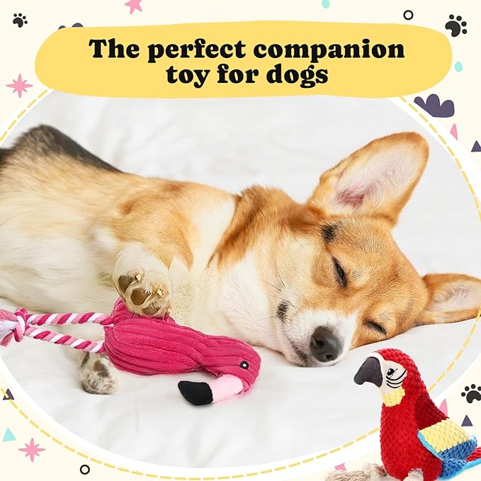 Soulchen 2 Pcs Dog Squeak Toys Cute Plush Flamingo Dog Toys with Knot Stuffed Parrot Chew Toy Interactive Gifts for Small Medium Large Dogs Aggressive Chewers Puppy Entertaining Keep Them Busy