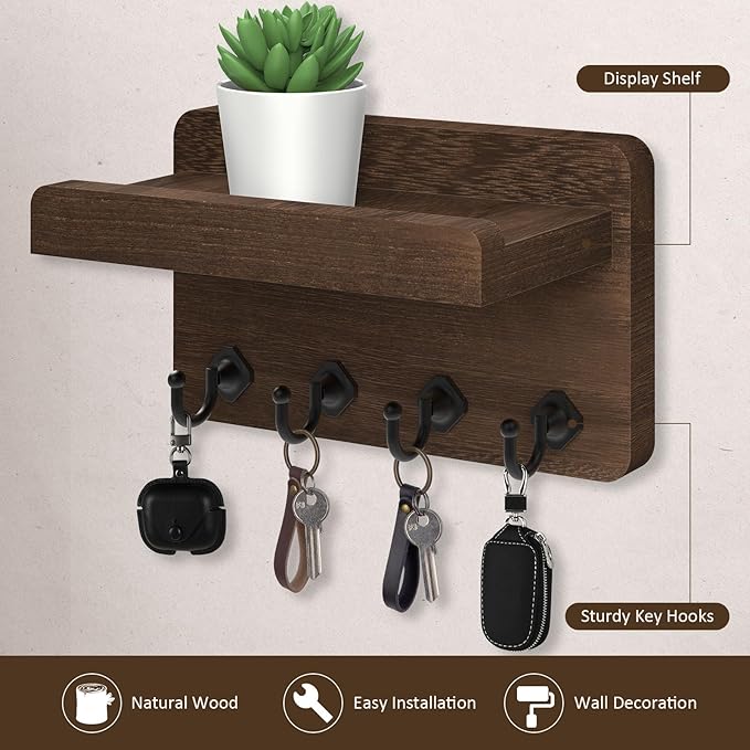 Nekon Key Holder Wall Mount, 8.5 Inch Small Home Decor Wooden Wall Organizer with 4 Hooks and Shelf, Key and Mail Holder for Living Room Entryway Kitchen (Brown)