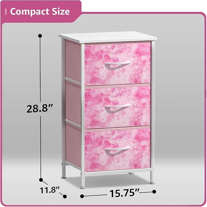 Sorbus Nightstand Storage Organizer Chest with 3 Drawers - Kids Girls, Boys Bedroom Furniture Chest for Clothes, Closet Organization - Steel Frame, Wood Top, Tie-dye Fabric Bin (3-Drawer, Pink)