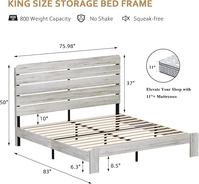 Rustic White King Size Wooden Bed Frame with Farmhouse Headboard, Solid Wood Platform Bed with Wood Slats, Noise-Free Structure, No Box Spring Needed