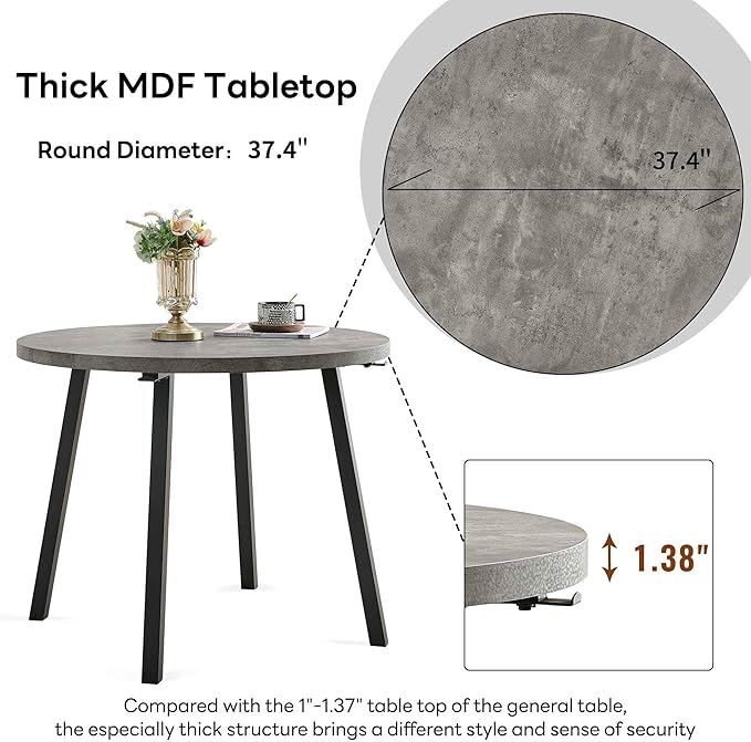5-Piece Round Table Set for 4, 37.4" Grey Round Table with Hooks, Solid MDF Tabletop, Industrial Kitchen Table with Beige Boucle Dining Chairs for Restaurant, Dining Room