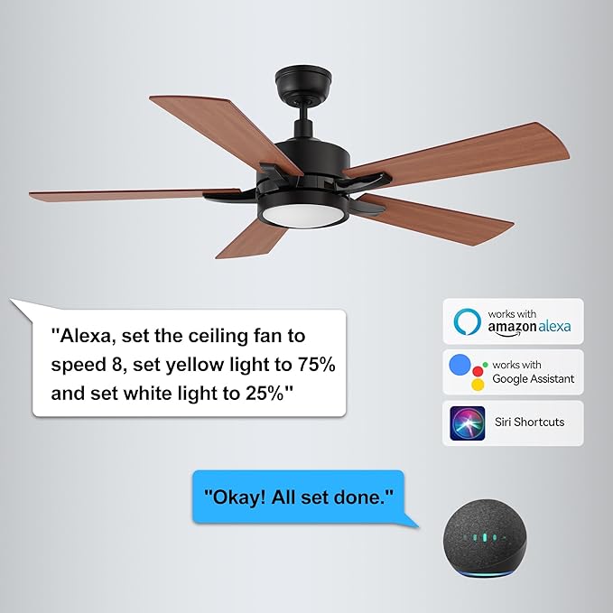 CEME 52" Ceiling Fan with Light and Remote, 10 Speeds Reversible DC Motor Outdoor Ceiling Fan, 3 Light Colors Dimmable Black, Compatible with Alexa, Siri & Google Home, Black & Brown