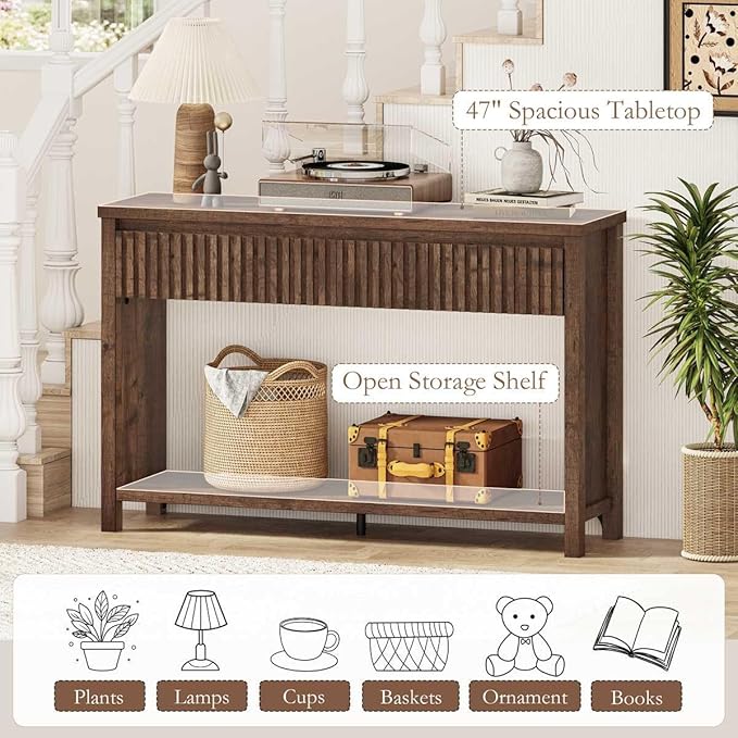 BON AUGURE Console Table with 2 Drawers, 47In Entryway Table with Storage, Sofa Tables with Two-Tier Shelf, Narrow Farmhouse Fluted Couch Tables for Living Room, Rustic Oak
