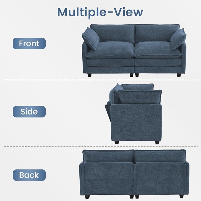 ROWHY Modular Loveseat Sectional Sofa, 78" Upholstered Loveseat, 2 Deep Seat Sofa Couch with 2 Throw Pillows for Small Space, Modern Comfy Cloud Couch for Living Room, Chenille, Royal Blue