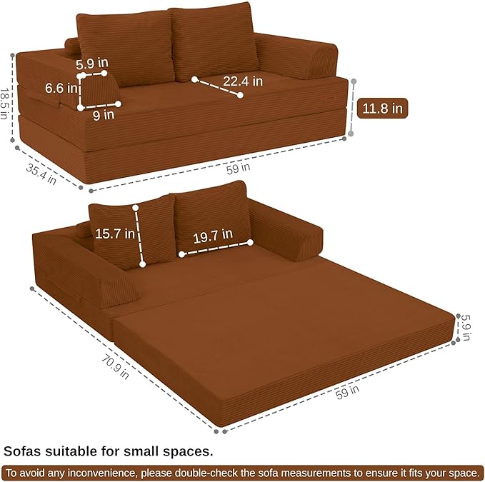 COMAX Convertible Sofa Bed, Folding Floor Couch Corduroy Fold Out Couch Bed Futon Sleeper Mattress with Pillows, Boneless Sofa Comfy Lounge Loveseat for Living Room Bedroom, Orange