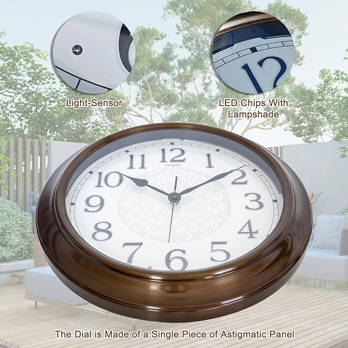 OCEST 15 Inch Indoor Outdoor Clock Waterproof, Silent Metal Large Outdoor Clock Glow in The Dark, Battery Operated Decor for Garden Pool Patio Porch