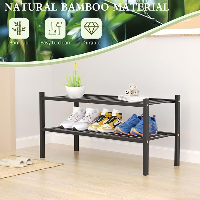2 Tier Bamboo Shoe Rack for Closet Free Standing Wood Shoe Shelf for Entryway Small Space Stackable 27"x11"x13" (Black)