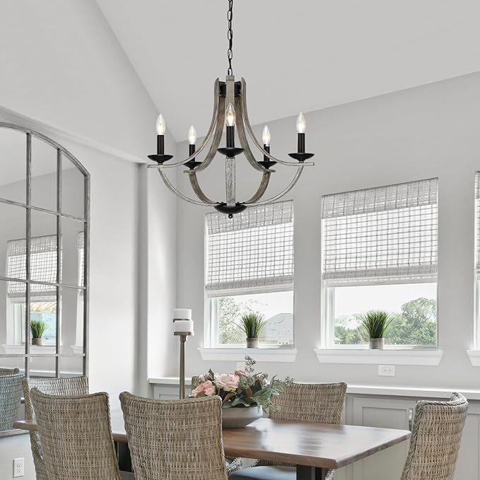 Farmhouse Chandeliers for Dining Room Light Fixture, 5-Light 24 inch Faux Wood Texture Hanging Lighting Fixtures,Rustic Candle Chandeliers for Living Room Kitchen Island Foyer Entryway