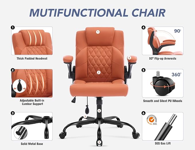 Office Chair with Adjustable Lumbar Support,Leather Ergonomic Computer Desk Chair with Flip-up Arms,Adjustable Tilt Lock,Swivel Rolling Executive PC Chair for Work, Study,Meeting,Small Space.Brown