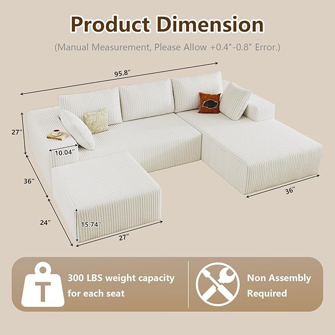 96" U-Shape Cloud Couch, Modern Modular Sectional L-Shape Sofa with Ottoman, Corduroy Upholstered Couches Deep Seat Sleeper Chaise Longue for Living Room, No Assembly Required(White, Right Facing)