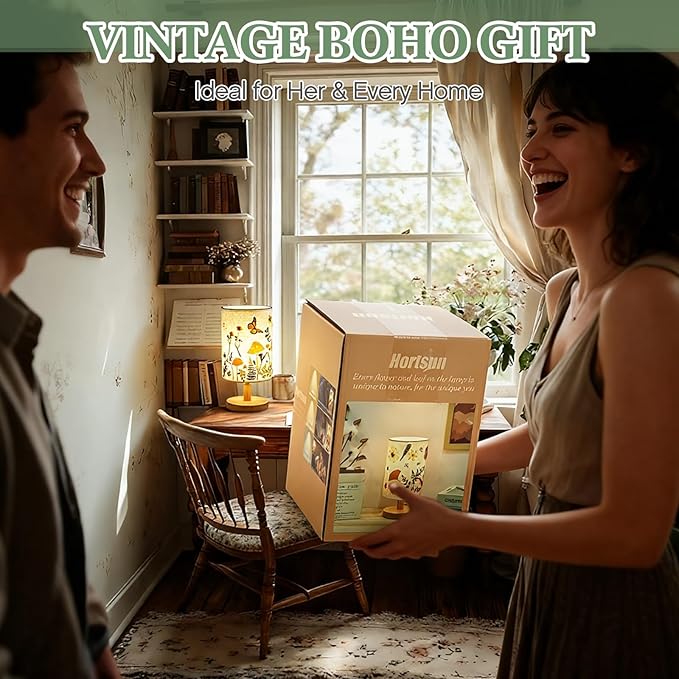 Hortsun Pressed Flower Lamp Vintage Table Small Lamp Cottagecore Decor Boho Night Light Decorative Rustic Night Light for Living Room, Bedroom or Office, Christmas Gift for Women