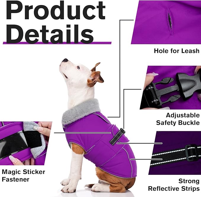 Lelepet Warm Dog Coat Reflective Fleece Vest Waterproof Dog Jacket with Adjustable Buckle Hook & Loop Windproof Cold Weather Coats for Small Medium Large Dogs, Purple, XL