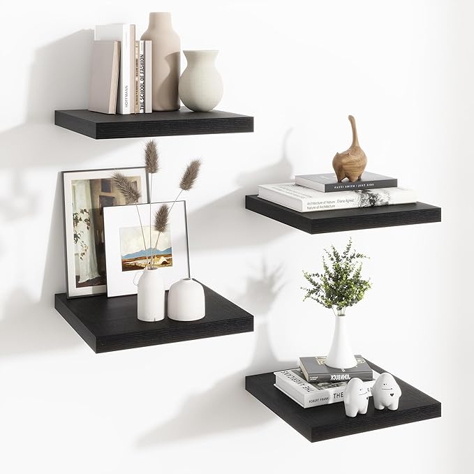 Fun Memories Floating Shelves for Wall - 12 Inch Square Shelves with Invisible Brackets, Black Small Wall Shelf for Living Room, Bathroom, Bedroom, and Kitchen Decor，Set of 4