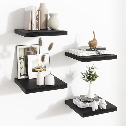 Fun Memories Floating Shelves for Wall - 12 Inch Square Shelves with Invisible Brackets, Black Small Wall Shelf for Living Room, Bathroom, Bedroom, and Kitchen Decor，Set of 4