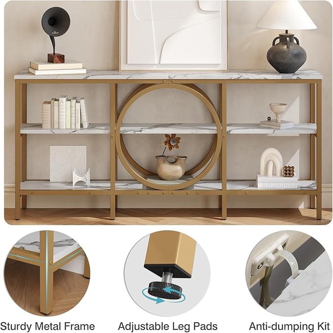 66.9-Inch Sofa Tables Narrow Long, 3 Tier Extra Tall Console Table Industrial Behind Couch Table Gold Large Console Tables for Living Room, Entryway, Hallway (White+Champagne Gold)