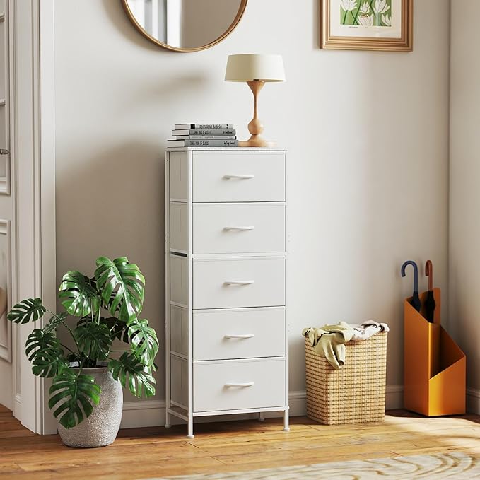 DUMOS Nightstand with 5 Drawers Bedside Table with Removable Fabric Bins Sturdy Steel Frame Wood Top Organizer Furniture for Bedroom Closet Living Room, White