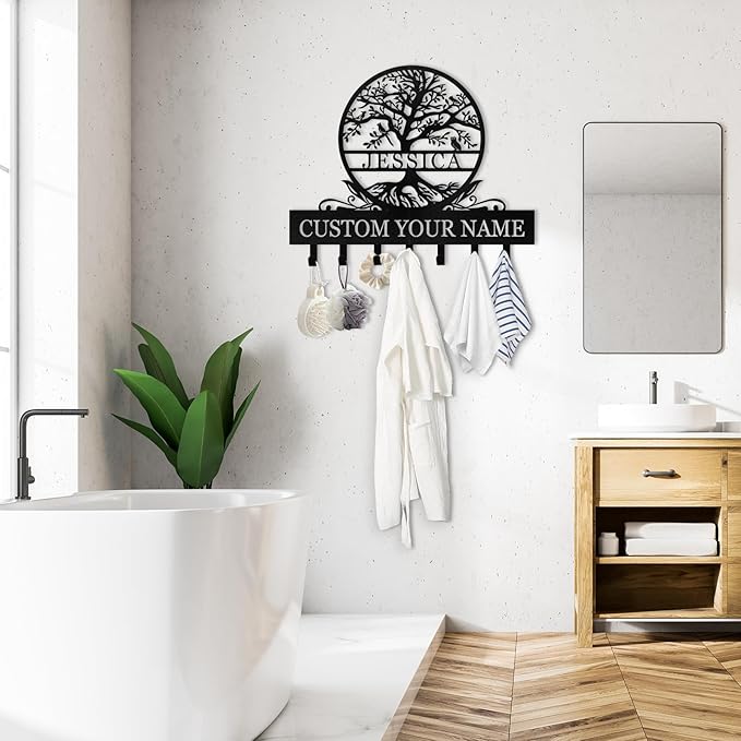 Personalized Metal Key Holder Wall Mount, Custom Name Tree of Life Key Holder for Wall, Key Organizer Rack with Hooks, Home Decor for Living Room Entryway Bathroom Kitchen, Housewarming Gifts Color04