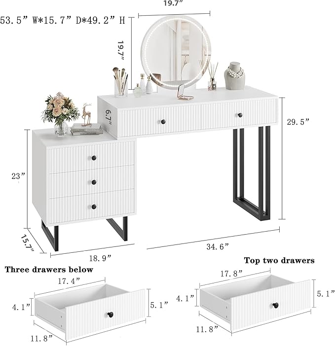 IDEALHOUSE Vanity Desk with Mirror and Lights, 49.2”H Makeup Vanity with 3 Color Lights and Adjustable Brightness, Bedroom Vanity Table with 5 Drawers, White