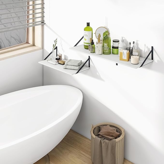 Heimlove White Deep Floating Shelves for Wall, 36W x 12D Wood Wall Shelves Set of 2, Wide Floating Bookshelf for Living Room, Kitchen, Office, Bedroom and Decor Storage, with Black Bracket - White