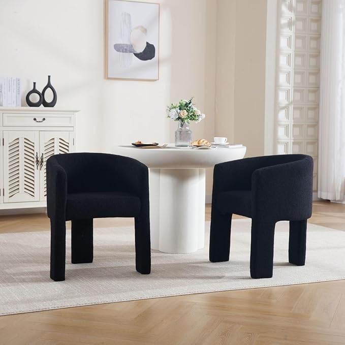 Modern Sherpa Barrel Dining Chairs Set of 6, Upholstered Boucle Dining Chairs Accent Chairs with Arms Comfy Makeup Vanity Chairs, Dining Living Room Kitchen Chairs, Black
