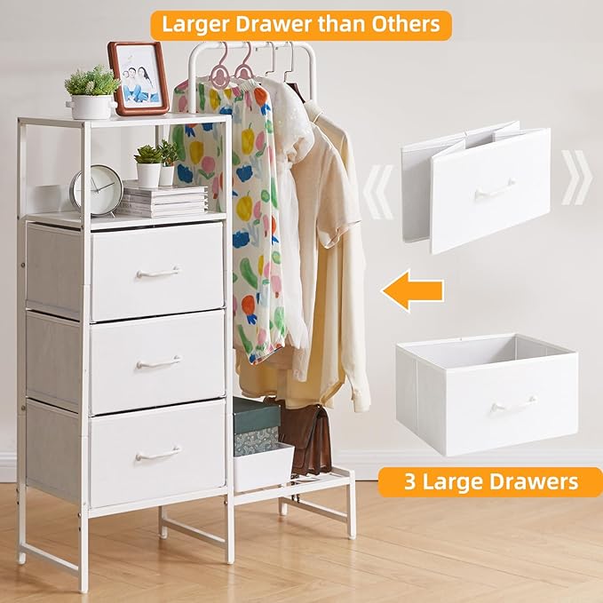 Clothes Rack, Garment Rack with Shelves and Hanging Rod, 3 Drawers, Reversible Coat Hanger, White YD-TM081W1