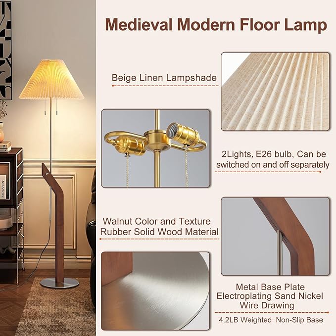 Wood Floor Lamp,2-Light Modern Mid Century Vintage Floor Lamp, Height Adjustable Living Room, Study Room,Bedroom,Office Tall Standing Lamp,Linen Lampshade