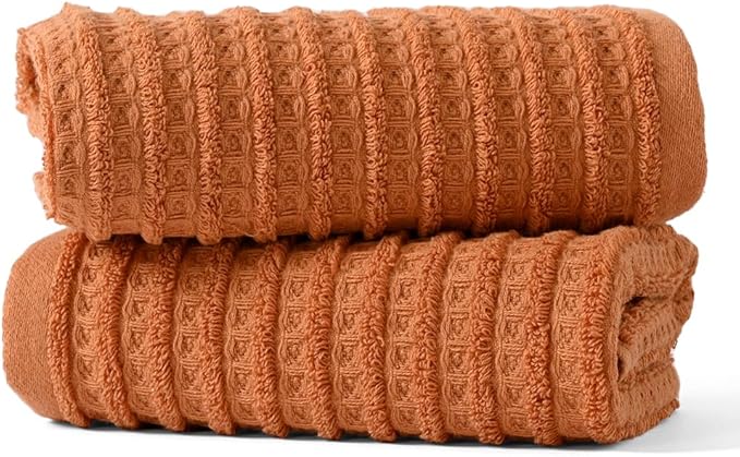 sense gnosis Waffle Hand Towel Striped Pattern Soft 100% Cotton Ultra Absorbent Hand Towels for Bathroom 13 x 29 Inch (Coral Orange, 2 Pieces)