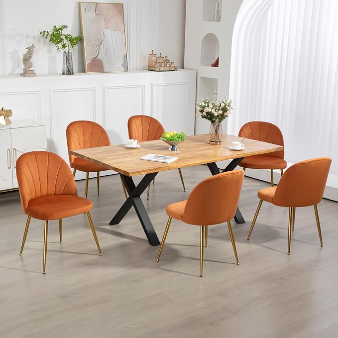 Velvet Dining Chairs Set of 2, Upholstered Mid Century Modern Dining Chairs, Armless Accent Chair with Metal Gold Legs for Living Room, Kitchen, Dining Room, Orange