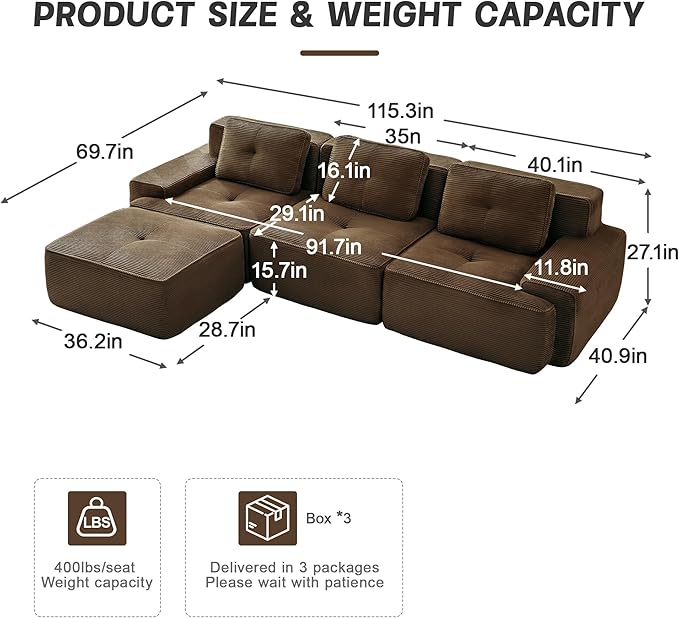 115" Modern Corduroy Cloud Sofa with Ottoman, L Shaped Boneless Modular Large Sectional Couches for Living Room, Brown 3 Seater Compressed Memory Foam Couch, Extra Deep Seat, No Assembly