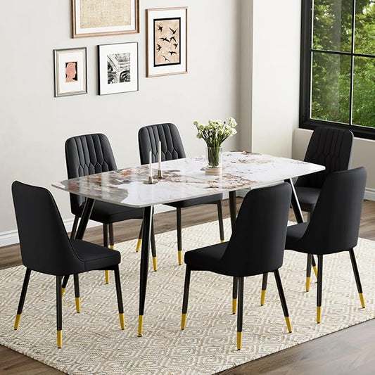 6 Person Dining Table Set, Sintered Stone Dining Table Set for 6, Kitchen Table Chairs Set of 6, Easy to Assemble