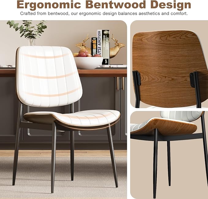 Modern Green Leather Dining Chair Set of 4, Bentwood Backrest & Black Metal Frame Ergonomic Comfort, Sustainable Style, Multi-Space Versatile, Beige