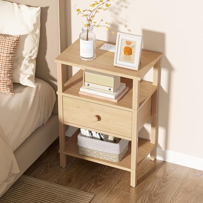 Lerliuo Nightstand with Charging Station and USB Ports, 3-Tier Storage End Table with Drawer Shelf, Night Stand for Small Spaces, Wood Bedside Table for Living Room, Bedroom - Natural Wood