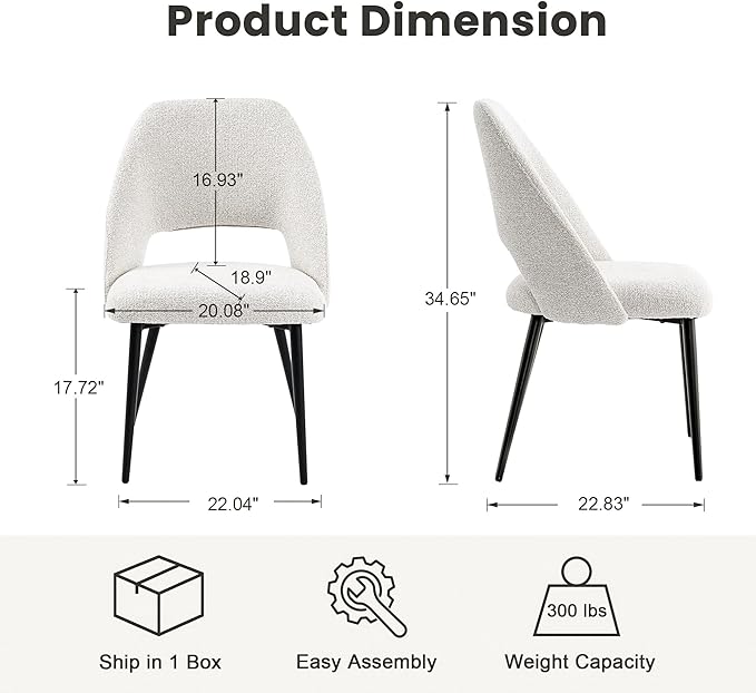Rowill Dining Chairs Set of 2 Upholstered Dining Room Chairs Mid Century Modern Dining Chairs Kitchen Chairs Accent Chair with Metal Legs for Living Room Bedroom, Boucle Fabric Beige