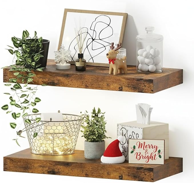 Vivelove Floating Shelves for Wall 16 inchs Long, Bathroom Shelves Over Toilet, for Bedroom, Living Room, Kitchen, Farmhouse Decor, Rustic Wall Shelves with Invisible Brackets - Set of 2, Rustic Brown