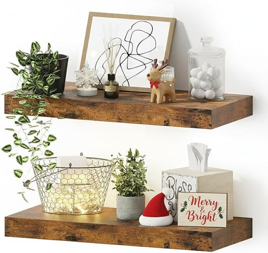 Vivelove Floating Shelves for Wall 16 inchs Long, Bathroom Shelves Over Toilet, for Bedroom, Living Room, Kitchen, Farmhouse Decor, Rustic Wall Shelves with Invisible Brackets - Set of 2, Rustic Brown