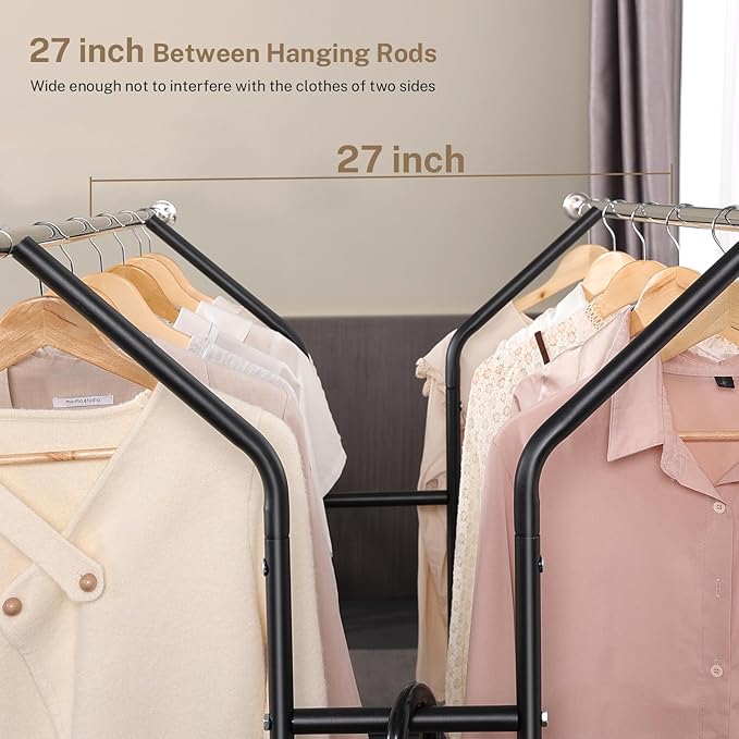 Clothing Rack, Heavy Duty Clothes Racks with Wheels and Bottom Shelf, 52.36’’ Metal Double Clothing Racks with Wheels, Wardrobe Rack for Hanging Clothes, Coats, Shirts, Skirts, Dresses, Black