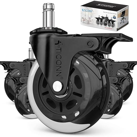 TICONN Office Chair Caster Wheels Set of 5 for Tile, Hardwood Floors and Carpets, Universal Fit for Most Chairs (Transparent with Brake)