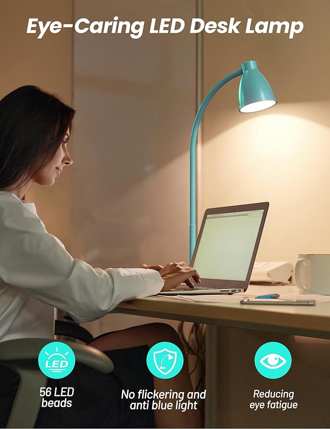 BOHON LED Desk Lamp with USB Charging Port, 3 Color Modes Fully Dimmable Reading Lamp, Auto Dimming Task Lamp, Flexible Neck Table Light for Office Dorm Bedside, Adapter Include, Teal