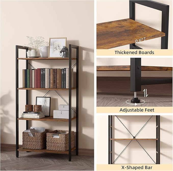 4-Tier Bookshelf, 47.2'' H Ladder Shelf, Industrial Bookcase, Wooden and Metal Storage Rack, Shelving Unit for Living Room Entryway Office, Rustic Brown Book Shelves, 24 * 11.8 * 47.2 inches