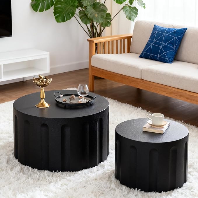 Round Nesting Coffee Table Set of 2, Round Fluted Coffee Tables for Living Room Modern Nesting End Side Tables for Small Spaces (B Black)