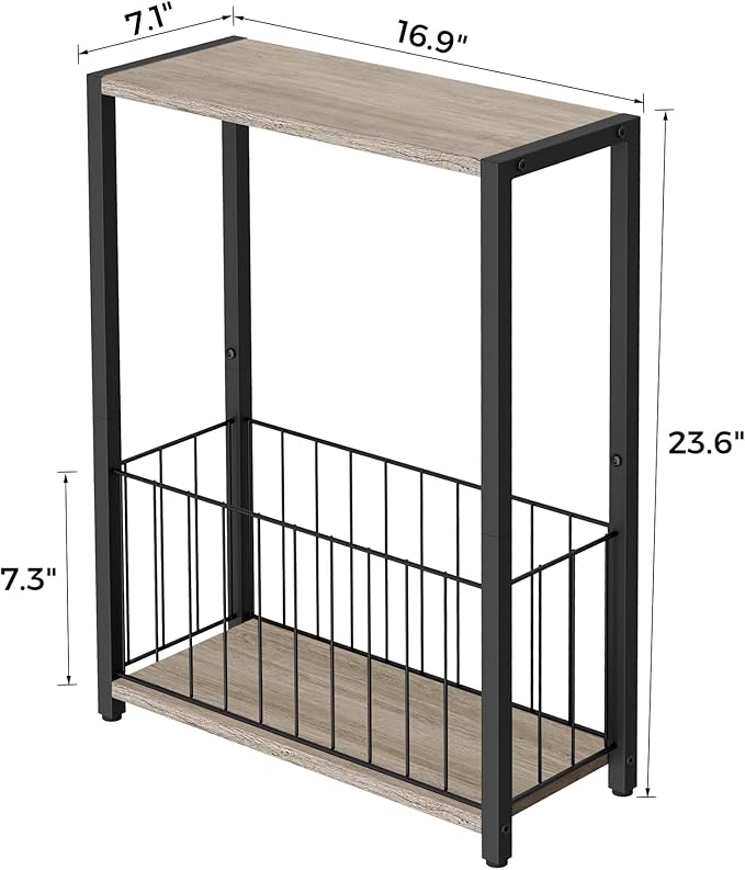 Narrow Side Tables Set of 2 with Magazine Holder, Skinny End Tables Perfect for Small Spaces, Space-Saving Design for Living Room, Bedroom, or Office, 7.1" D x 16.9" W x 23.6" H, Greige