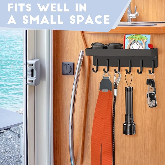 kuaima Magnetic Key Holder, Small Wall Mount Key Rack with Shelf for Fridge, 6 Metal Hooks, 9.65 Inch, 2 Installation Options, Black