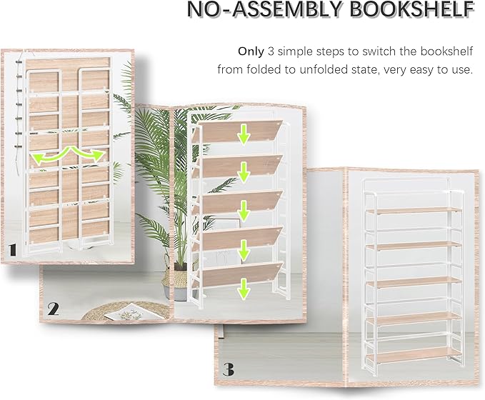 4NM No Assembly Extra Wide 5 Tiers Folding Bookshelf Storage Shelves Vintage Bookcase Standing Racks Study Organizer Home Office (Natural White)