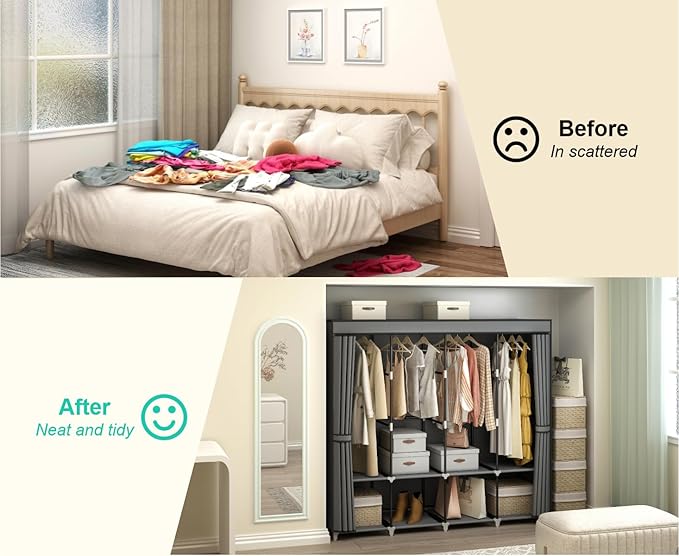 Portable Closet Wardrobe, 67-Inch Clothes Organizer with 4 Hanging Rods and 8 Shelves, Non-Woven Fabric Cover, Large Capacity Storage for Bedroom and Living Room, Grey