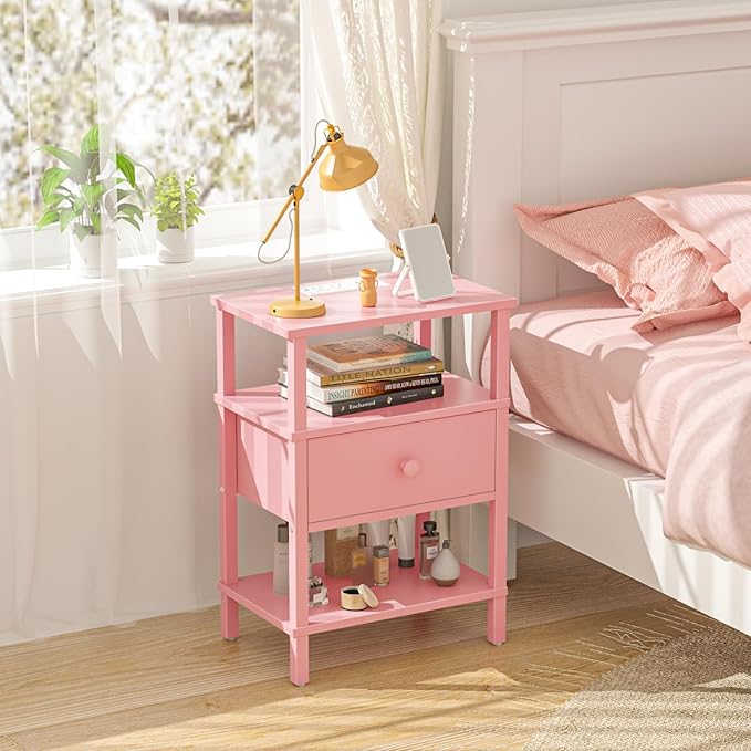 Lerliuo Nightstand Set of 2 with Charging Station and USB Ports, 3-Tier Storage Pink End Table with Drawer Shelf, Night Stand for Small Spaces, Wood Bedside Table for Living Room, Bedroom — Light Pink